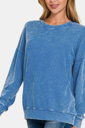 Zenana Washed Round Neck Dropped Shoulder Sweatshirt Blue