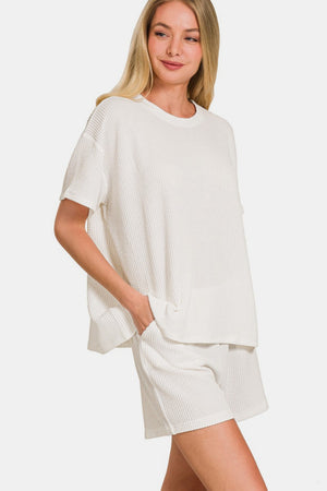 Zenana Rib Short Sleeve T-Shirt and Shorts Set Off White