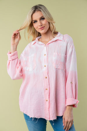 Pink Long Sleeve Tie Dye Cotton Gauze Shirt