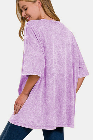 Zenana Washed Round Neck Drop Shoulder Oversized T-Shirt Pink Purple