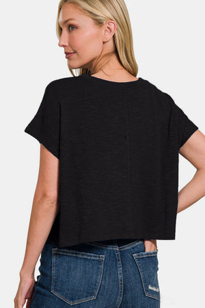 Zenana Round Neck Short Sleeve Crop T-Shirt in Black