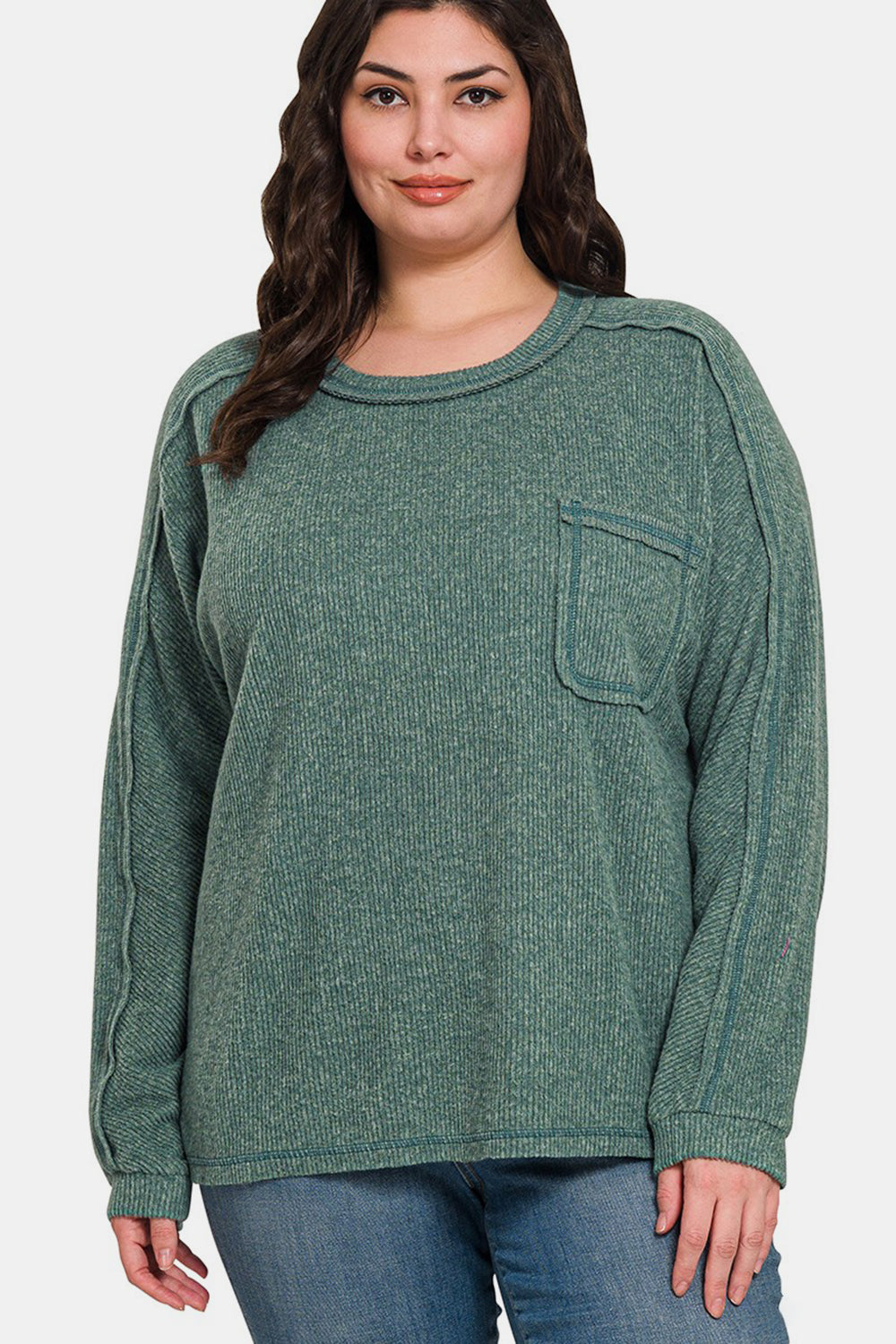 Zenana Contrast Stitching Brushed Ribbed Hacci Knit Top Jade