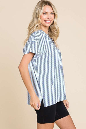 Blue Striped Short Sleeve Hooded Top