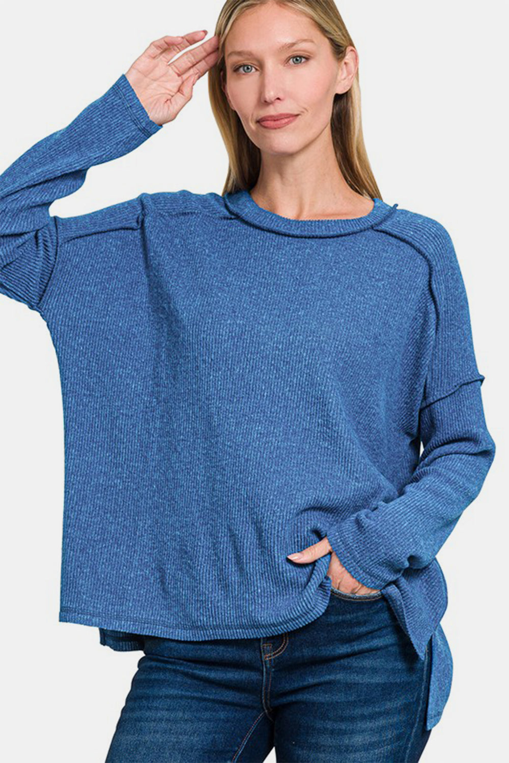 Zenana Exposed Seam Brushed Round Neck Sweater Navy