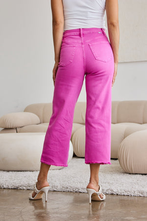 RFM Tummy Control High Waist Raw Hem Wide Leg Crop Jeans in Pink Rouge