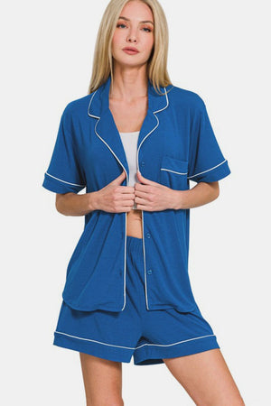 Zenana Button Down Short Sleeve Top and Shorts Lounge Set Blue