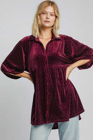 Polka Dot Button Up Half Sleeve Velvet Shirt Burgundy