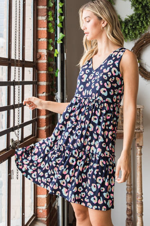 Navy Leopard V-Neck Ruffled Tank Dress