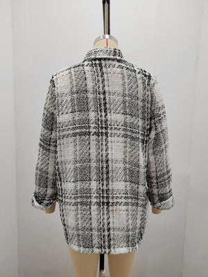 Loose Plaid Button Long Sleeved Jacket - white