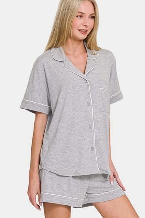 Zenana Button Down Short Sleeve Top and Shorts Lounge Set Light Gray