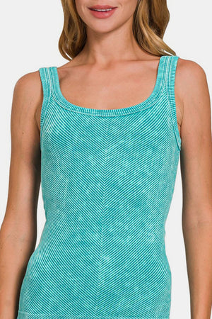 Zenana Ribbed Scoop Neck Mineral Washed Tank Teal