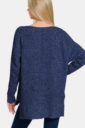 Zenana High-Low Center Seam V-Neck Sweater Navy