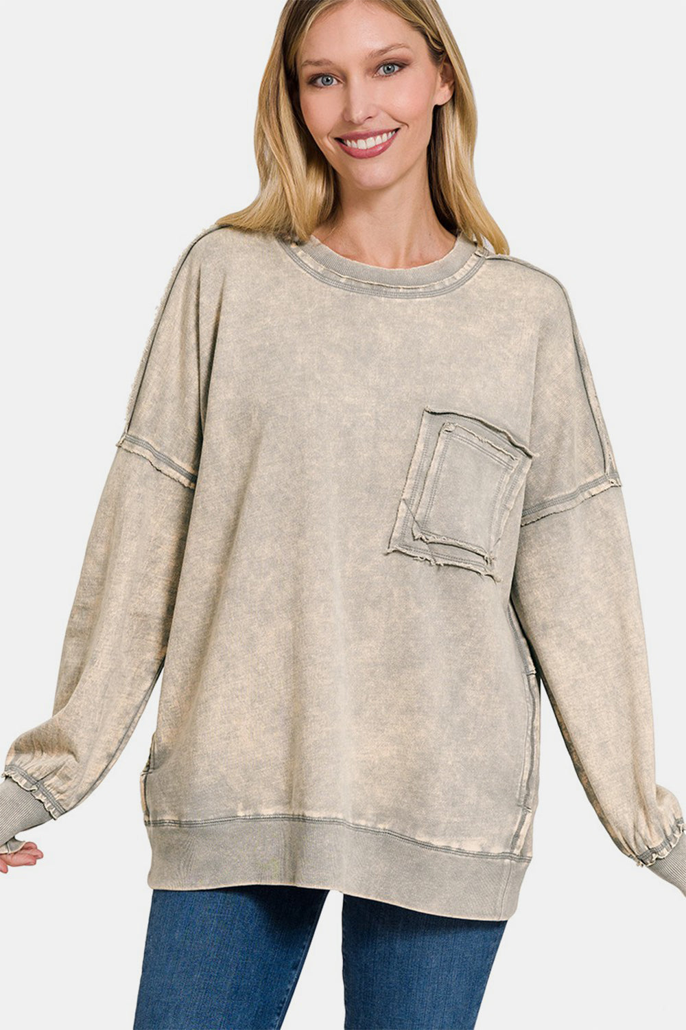 Zenana Exposed Seam Round Neck Dropped Shoulder Sweatshirt Sleet