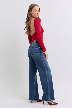 Judy Blue Mid Rise Wide Leg Raw Fray Hem Jeans