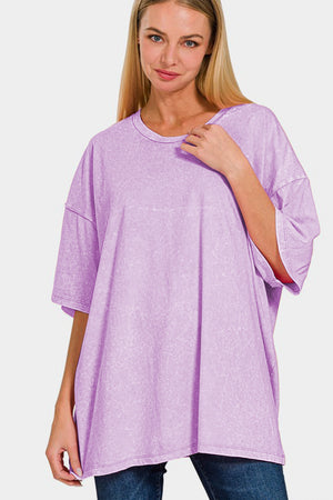 Zenana Washed Round Neck Drop Shoulder Oversized T-Shirt Pink Purple