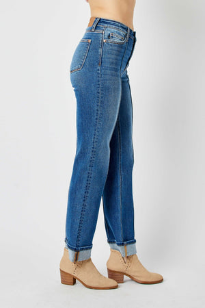 Judy Blue High Waist Front Seam Detail Cuffed Straight Leg Jeans