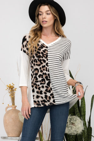 Ivory Leopard and Striped Print V-Neck T-Shirt