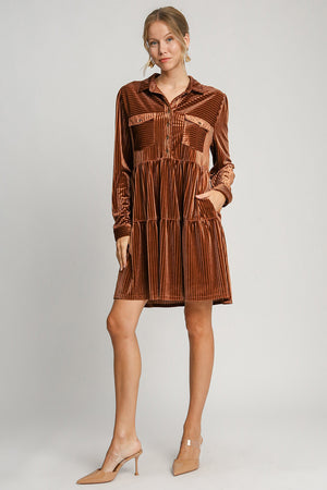 Texture Tiered Collared Long Sleeve Velvet Dress in Copper