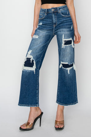 Risen High Rise Patch Detailed Straight Leg Crop Jeans