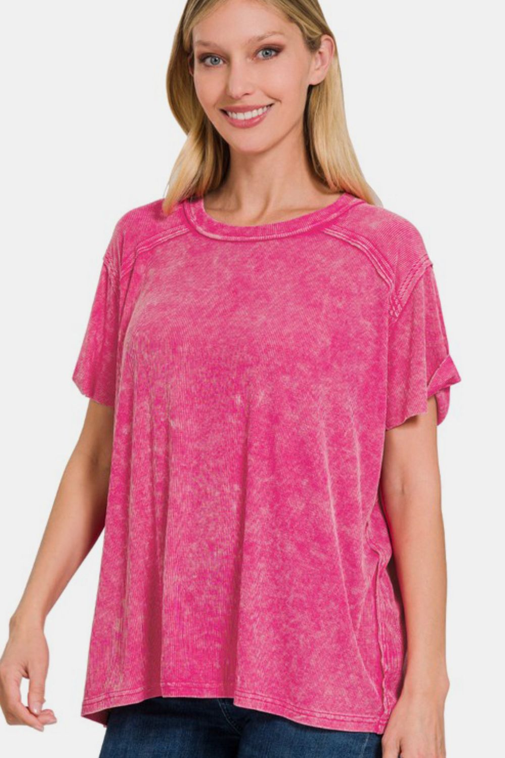 Zenana Washed Ribbed Short Sleeve Top Hot Pink