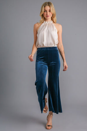 High Rise Elastic Waist Velvet Flare Pants in Peacock Blue