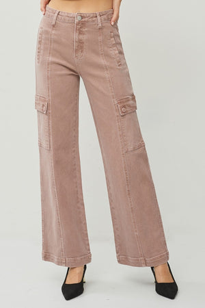 RISEN High Rise Wide Leg Cargo Jeans in Mauve