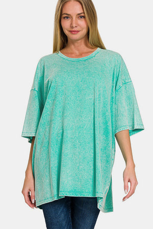 Zenana Round Neck Drop Shoulder Mineral Washed Oversized T-Shirt Turquoise