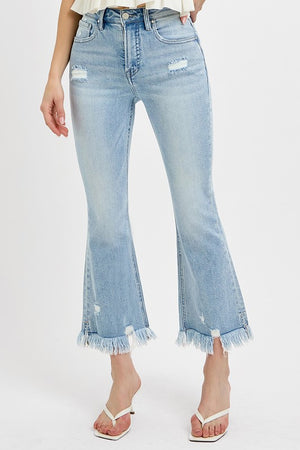 RISEN High Waist Tummy Control Distressed Cropped Flare Side Slit Long Frayed Jeans