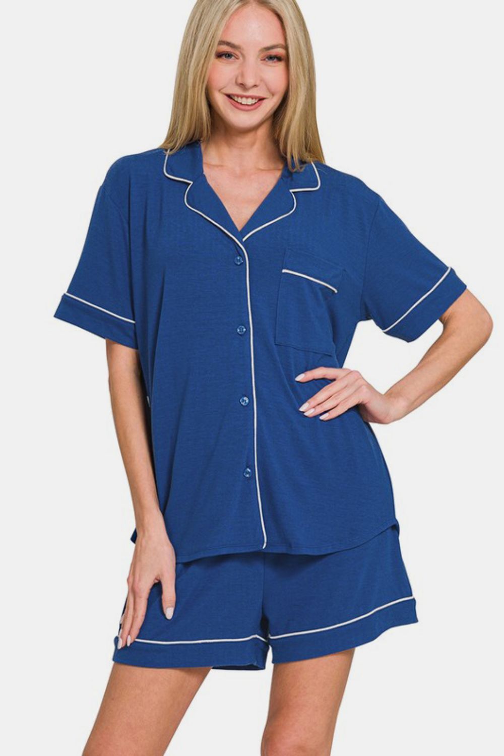 Zenana Button Down Short Sleeve Top and Shorts Lounge Set Navy