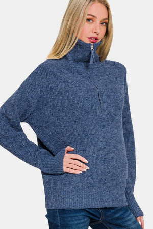 Zenana Half Zip Long Sleeve Sweater Navy