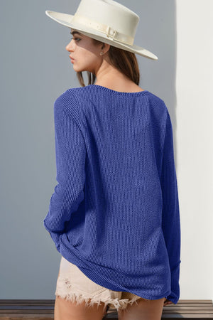 Ribbed Notched Thumbhole Long Sleeve Top - 8 colors