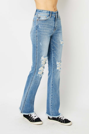 Judy Blue High Rise Distressed Leg Fray Hem Bootcut Jeans