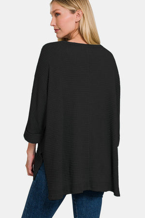 Zenana Waffle Knit V-Neck Long Sleeve Slit Top Black