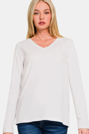 Zenana Relaxed Fit V-Neck Long Sleeve Cotton T-Shirt White