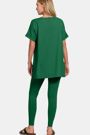 Zenana Buttery Soft V-Neck Rolled Short Sleeve T-Shirt and Leggings Lounge Set Dk Green