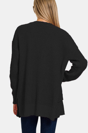 Zenana Waffle Open Front Sweater Cardigan Black