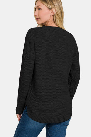 Zenana Round Neck Long Sleeve Curved Hem Sweater Black