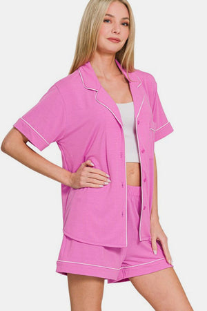 Zenana Button Down Short Sleeve Top and Shorts Lounge Set Mauve