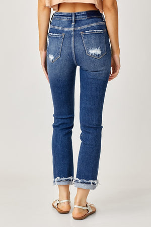 Risen High Rise Frayed Cuffed Straight Jeans