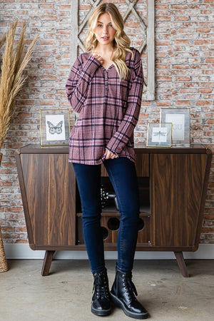 Mauve Plaid V-Neck Long Sleeve Top