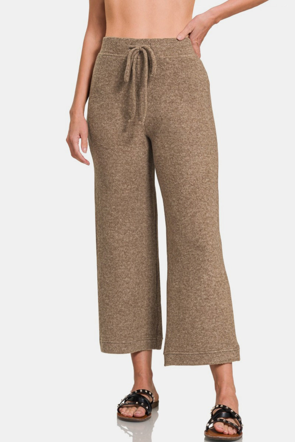 Zenana Drawstring Hacci Cropped Pants Mocha