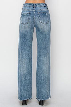 RISEN High Waist Vintage Wash Distressed Wide Leg Jeans