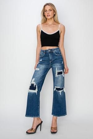 Risen High Rise Patch Detailed Straight Leg Crop Jeans