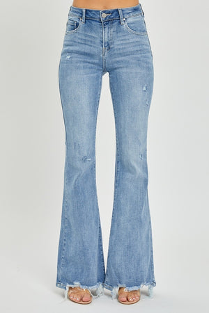 Risen High Rise Frayed Hem Light Wash Flare Jeans