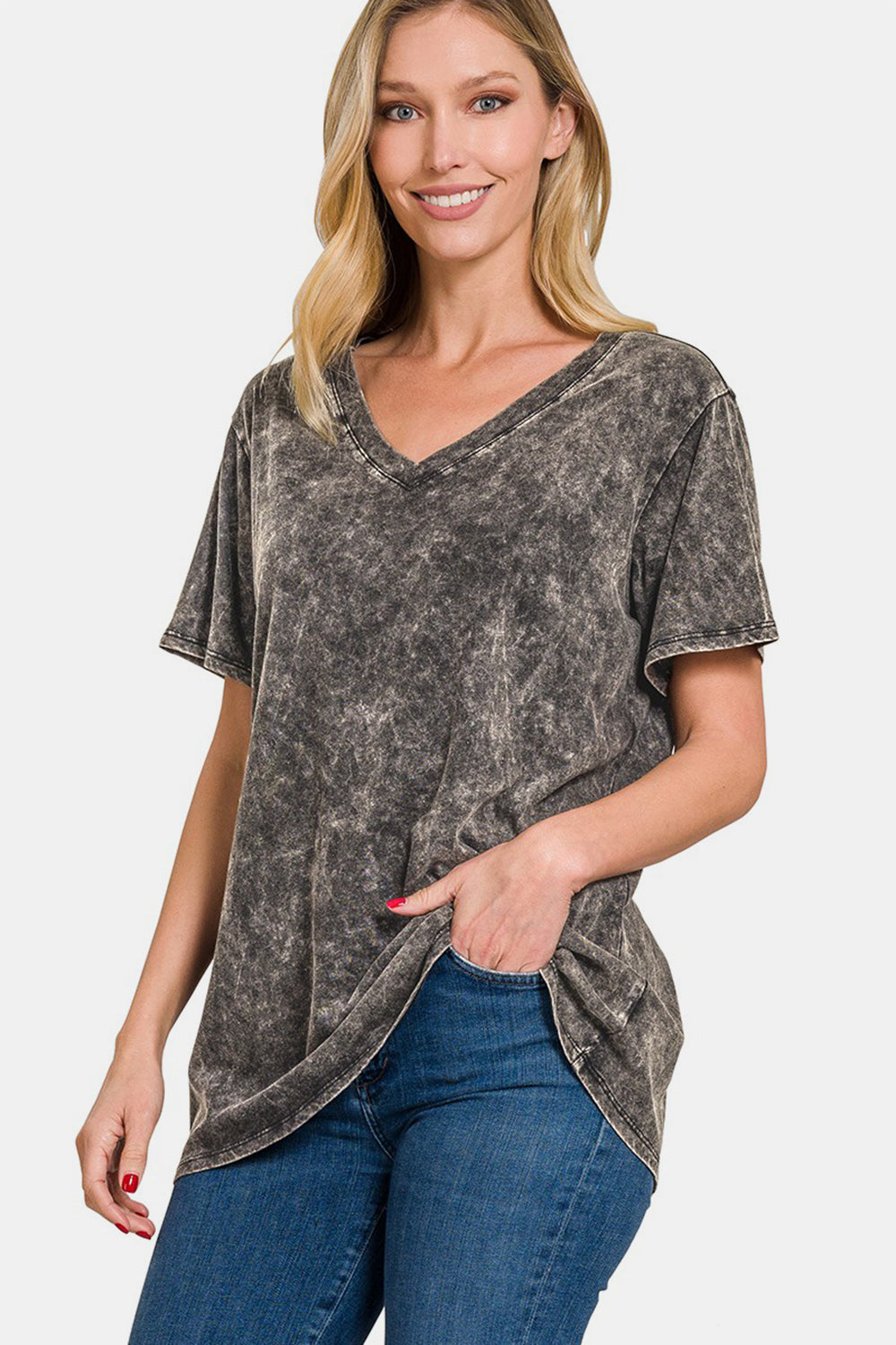 Zenana Washed Short Sleeve V-Neck T-Shirt Dark Gray