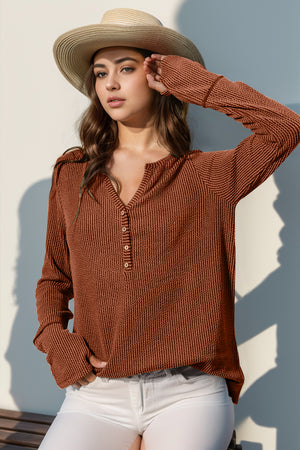 Ribbed Notched Thumbhole Long Sleeve Top - 8 colors