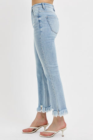 RISEN High Waist Tummy Control Distressed Cropped Flare Side Slit Long Frayed Jeans