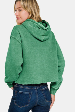 Zenana Acid Wash Fleece Cropped Hoodie Green