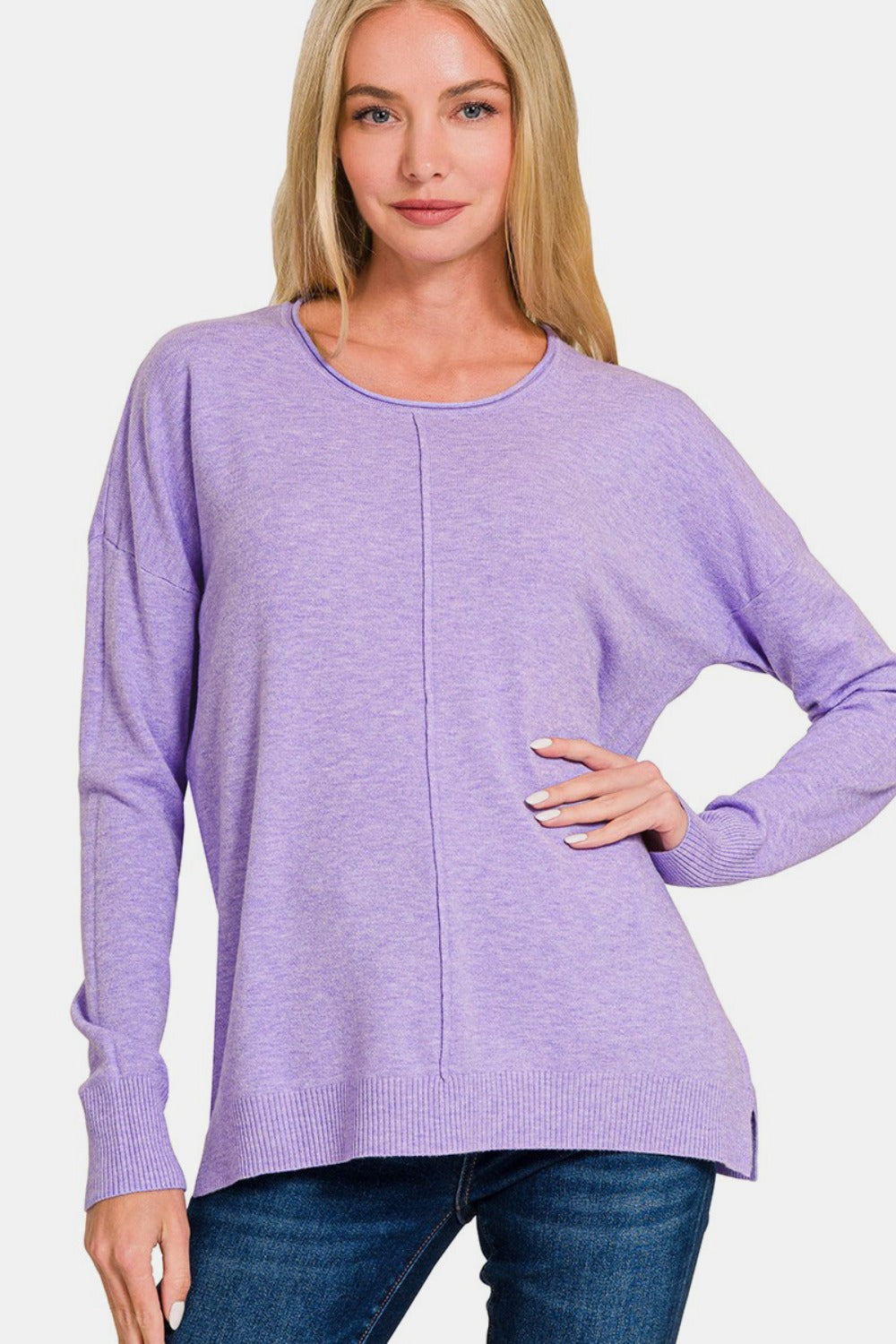 Zenana Front Seam Round Neck Sweater Lavender