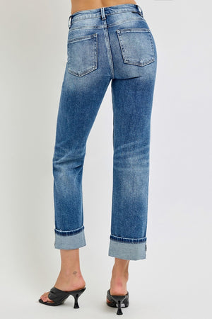 RISEN High Rise Vintage Wash Crop Straight Leg Cuffed Jeans